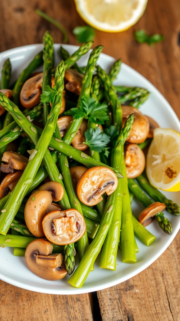 Sautéed asparagus and mushrooms on a plate with parsley and lemon, showcasing a colorful side dish.